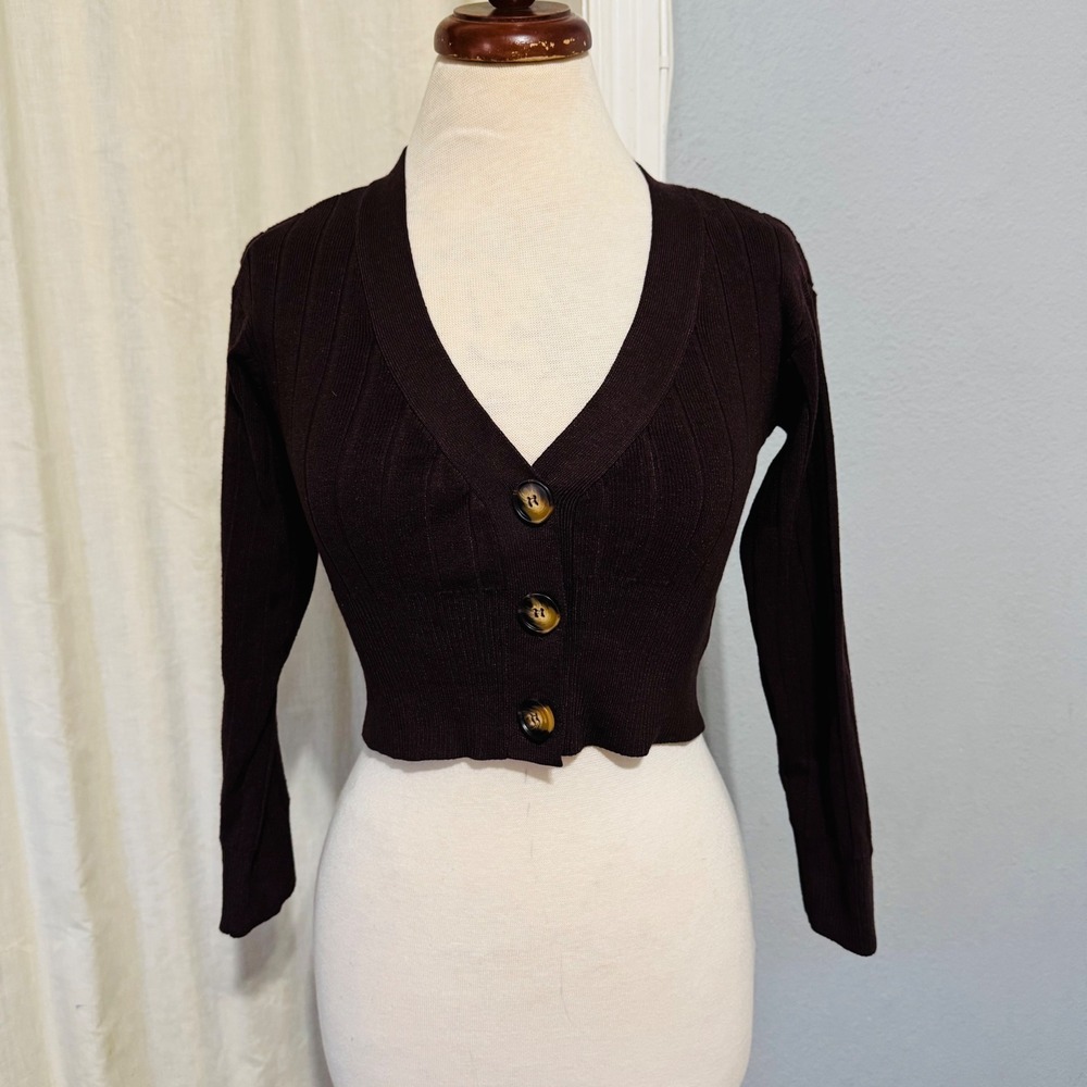All The Ways Brown Ribbed Knit‎ Cropped Cardigan V-Neck Stretcy Top Women Size S